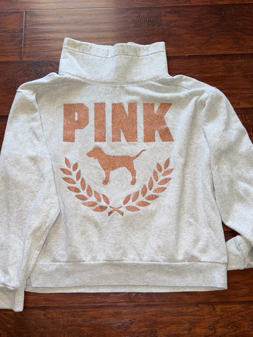 PINK Victoria's Secret Light Gray Crew Jacket with Rose Gold Glitter Logo